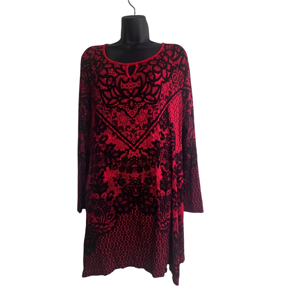 Soma Live Lounge Wear Red Black Damask Lace Print Keyhole Tunic Top Large